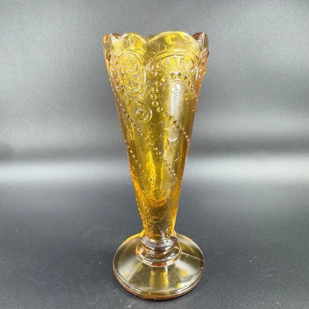 Vintage Mid Century Amber Glass Bud Vase Beaded Wavy Edges Glass‎ Vase VTG Decor